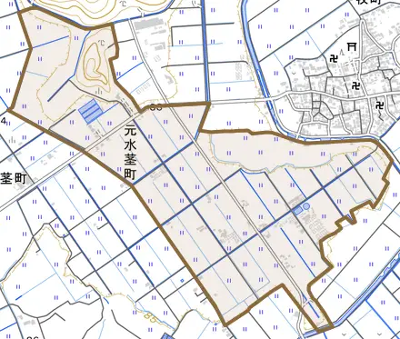 元水茎町とその周辺の地図。町の範囲を重ねている