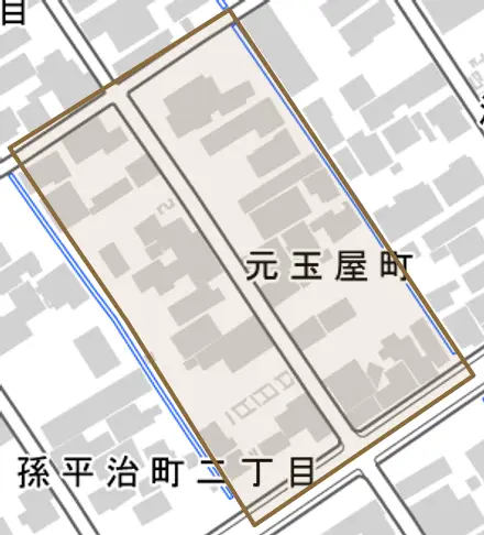 元玉屋町とその周辺の地図。町の範囲を重ねている