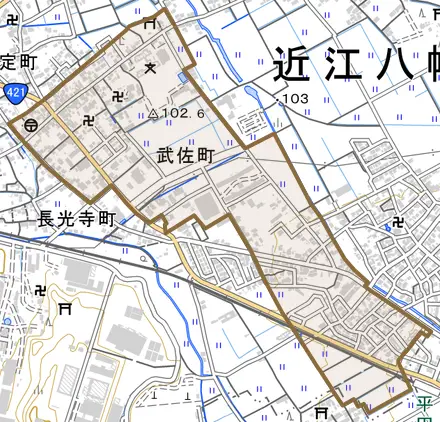武佐町とその周辺の地図。町の範囲を重ねている