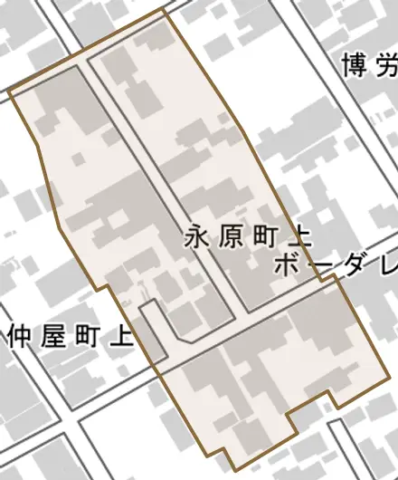 永原町上とその周辺の地図。町の範囲を重ねている