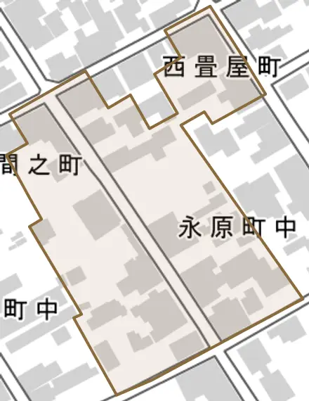 永原町中とその周辺の地図。町の範囲を重ねている