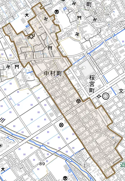 中村町とその周辺の地図。町の範囲を重ねている