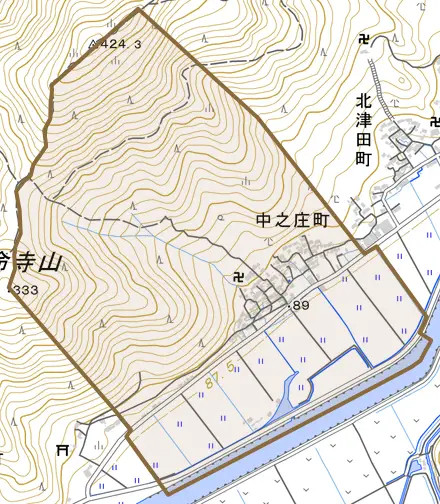 中之庄町とその周辺の地図。町の範囲を重ねている