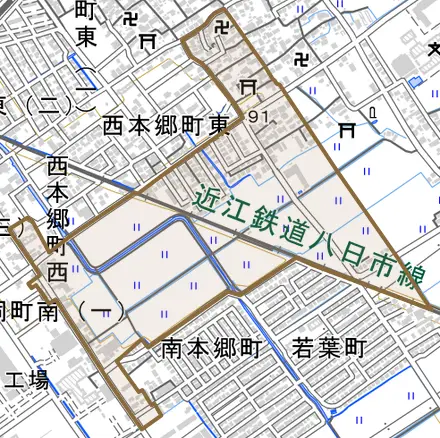 西本郷町とその周辺の地図。町の範囲を重ねている