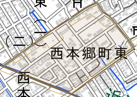 西本郷町東とその周辺の地図。町の範囲を重ねている