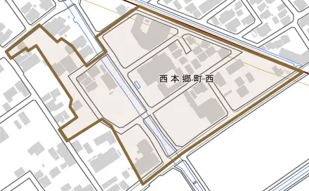 西本郷町西とその周辺の地図。町の範囲を重ねている