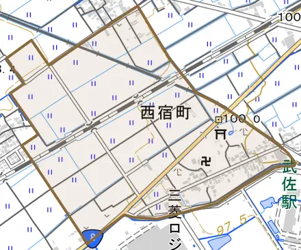 西宿町とその周辺の地図。町の範囲を重ねている