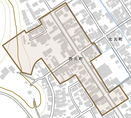 西元町とその周辺の地図。町の範囲を重ねている