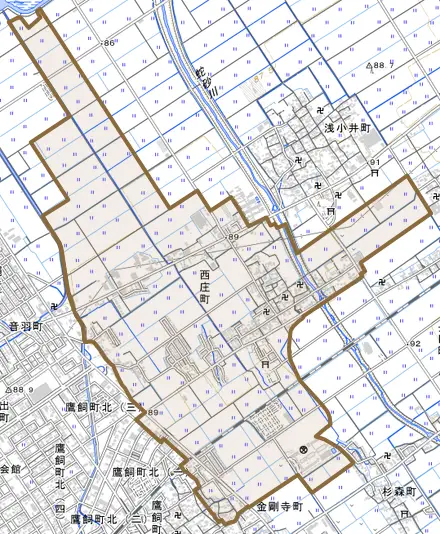 西庄町とその周辺の地図。町の範囲を重ねている