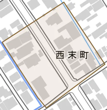 西末町とその周辺の地図。町の範囲を重ねている