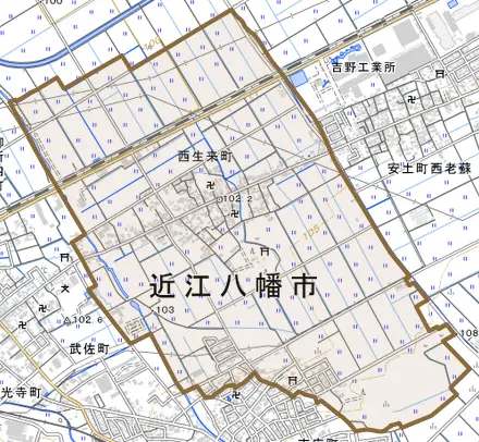 西生来町とその周辺の地図。町の範囲を重ねている