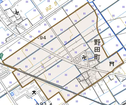 野田町とその周辺の地図。町の範囲を重ねている