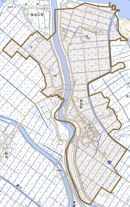 野村町とその周辺の地図。町の範囲を重ねている
