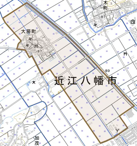 大房町とその周辺の地図。町の範囲を重ねている