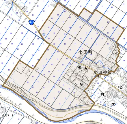 小田町とその周辺の地図。町の範囲を重ねている