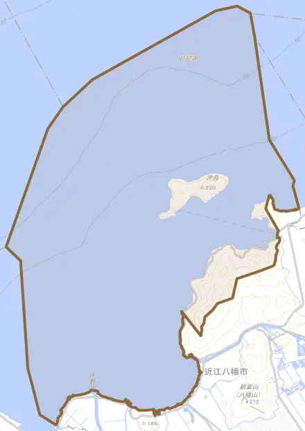 沖島町とその周辺の地図。町の範囲を重ねている