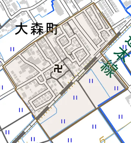大森町とその周辺の地図。町の範囲を重ねている