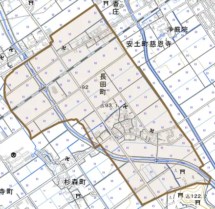 長田町とその周辺の地図。町の範囲を重ねている