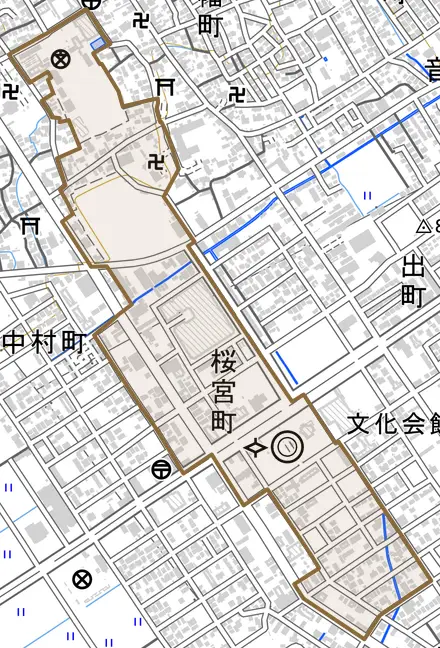 桜宮町とその周辺の地図。町の範囲を重ねている