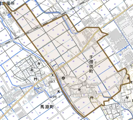 千僧供町とその周辺の地図。町の範囲を重ねている