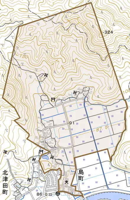 島町とその周辺の地図。町の範囲を重ねている