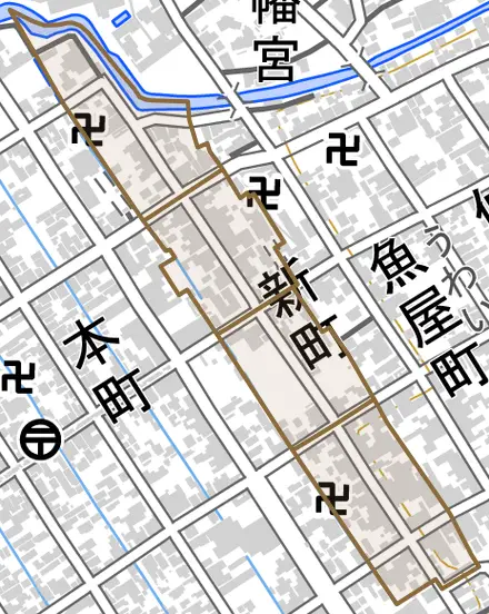 新町とその周辺の地図。町の範囲を重ねている