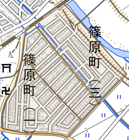 篠原町とその周辺の地図。町の範囲を重ねている
