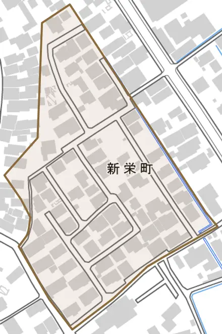 新栄町とその周辺の地図。町の範囲を重ねている