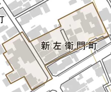 新左衛門町とその周辺の地図。町の範囲を重ねている