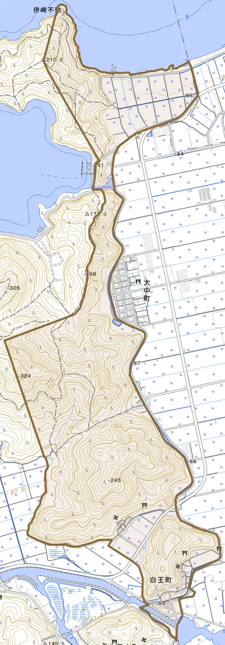 白王町とその周辺の地図。町の範囲を重ねている