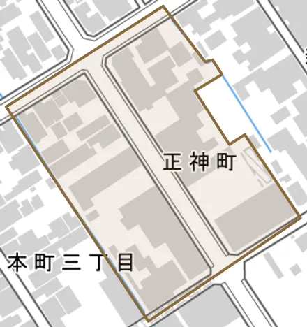 正神町とその周辺の地図。町の範囲を重ねている