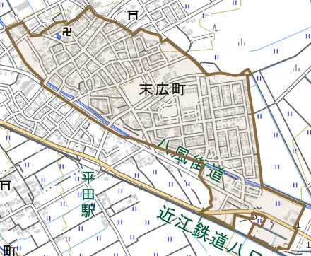 末広町とその周辺の地図。町の範囲を重ねている