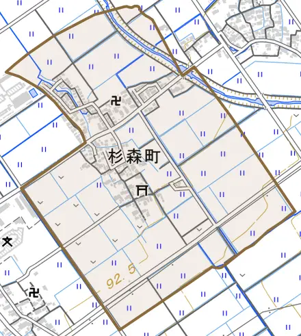 杉森町とその周辺の地図。町の範囲を重ねている