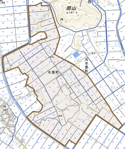 水茎町とその周辺の地図。町の範囲を重ねている
