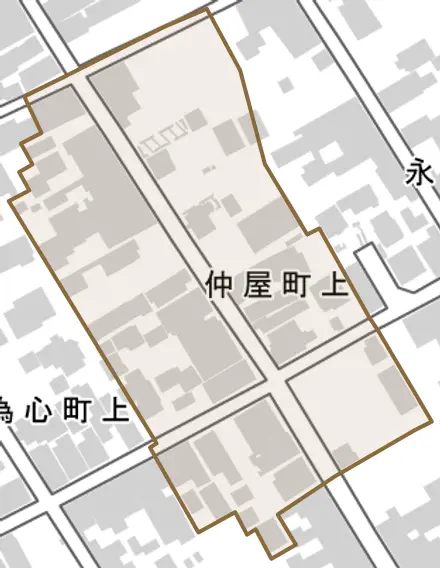 仲屋町上とその周辺の地図。町の範囲を重ねている