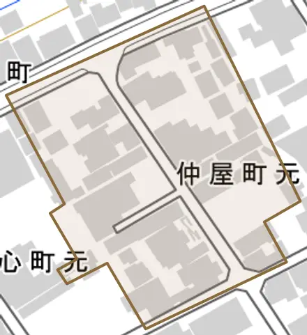 仲屋町元とその周辺の地図。町の範囲を重ねている
