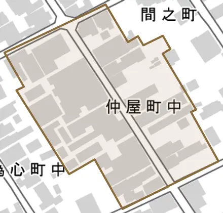 仲屋町中とその周辺の地図。町の範囲を重ねている