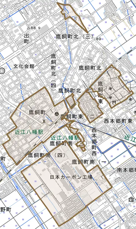 鷹飼町とその周辺の地図。町の範囲を重ねている