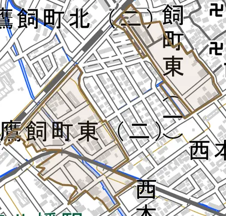 鷹飼町東とその周辺の地図。町の範囲を重ねている