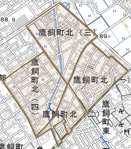 鷹飼町北とその周辺の地図。町の範囲を重ねている