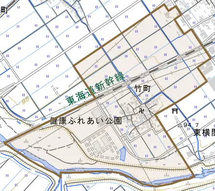 竹町とその周辺の地図。町の範囲を重ねている