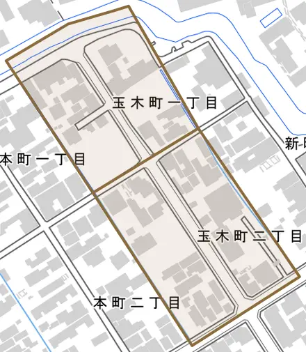 玉木町とその周辺の地図。町の範囲を重ねている