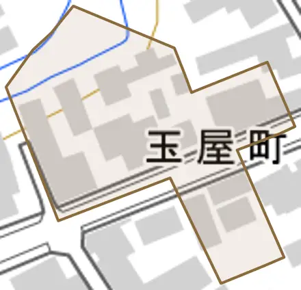 玉屋町とその周辺の地図。町の範囲を重ねている