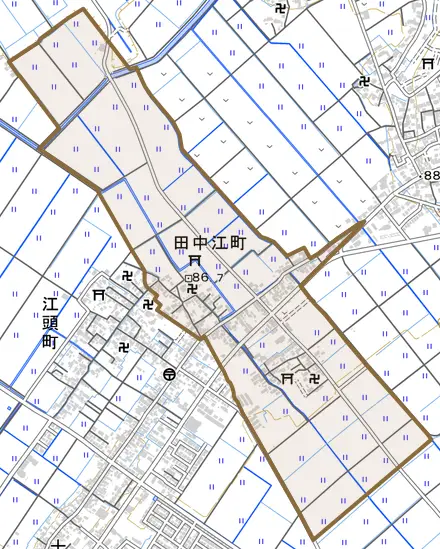 田中江町とその周辺の地図。町の範囲を重ねている