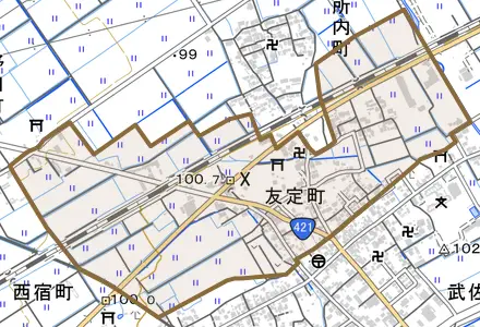 友定町とその周辺の地図。町の範囲を重ねている
