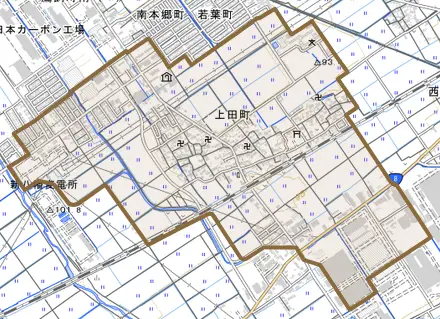 上田町とその周辺の地図。町の範囲を重ねている