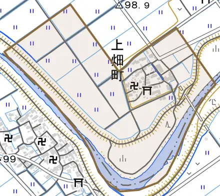 上畑町とその周辺の地図。町の範囲を重ねている