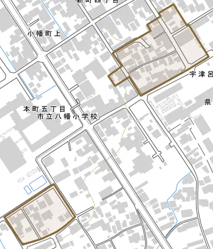 宇津呂町とその周辺の地図。町の範囲を重ねている