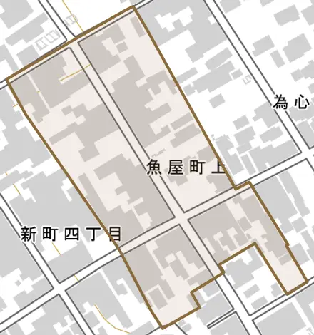 魚屋町上とその周辺の地図。町の範囲を重ねている