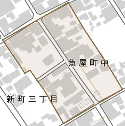 魚屋町中とその周辺の地図。町の範囲を重ねている